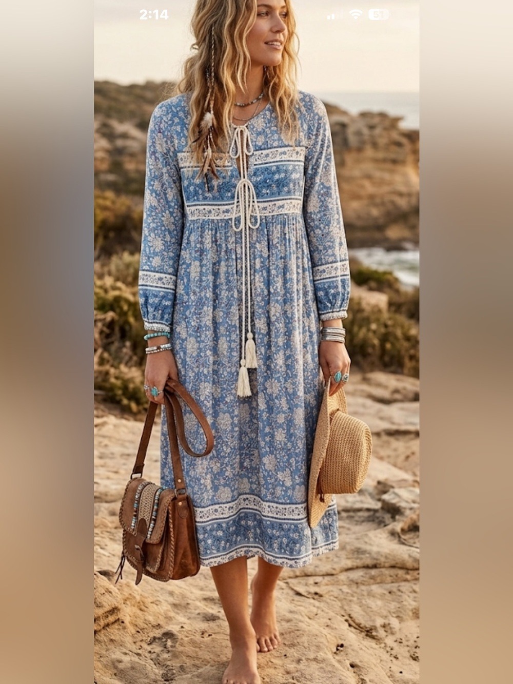 R.Vivimos Boho Floral Tassel Long Sleeve Midi Dress Blue Size S 4/6